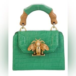 Schutz green Crocodile-Embossed Handle Bag with Bold Gold Bee Accent